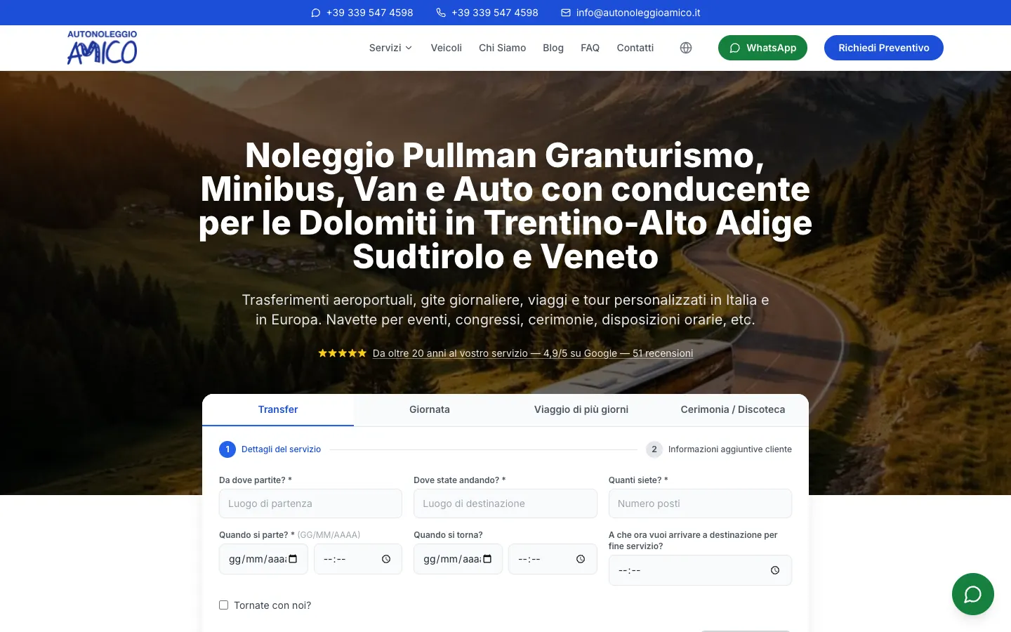 Home di Autonoleggio Amico: strada di montagna sullo sfondo e modulo di preventivo con le schede Transfer, Giornata, Viaggio e Cerimonia