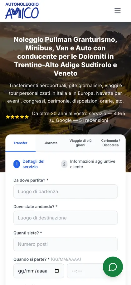 Sito Autonoleggio Amico da smartphone con il modulo di preventivo in primo piano