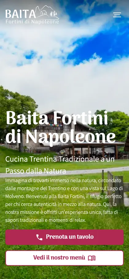 Sito della Baita Fortini da smartphone con il pulsante per prenotare un tavolo