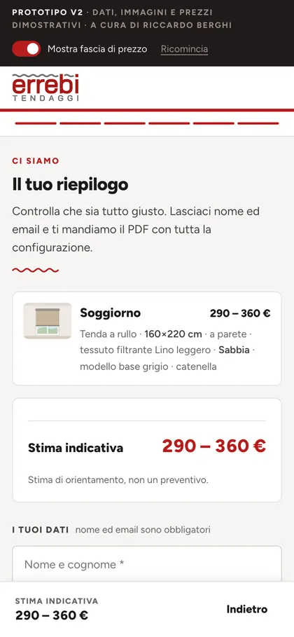 Configuratore Errebi da smartphone: riepilogo di una tenda a rullo per il soggiorno con stima indicativa