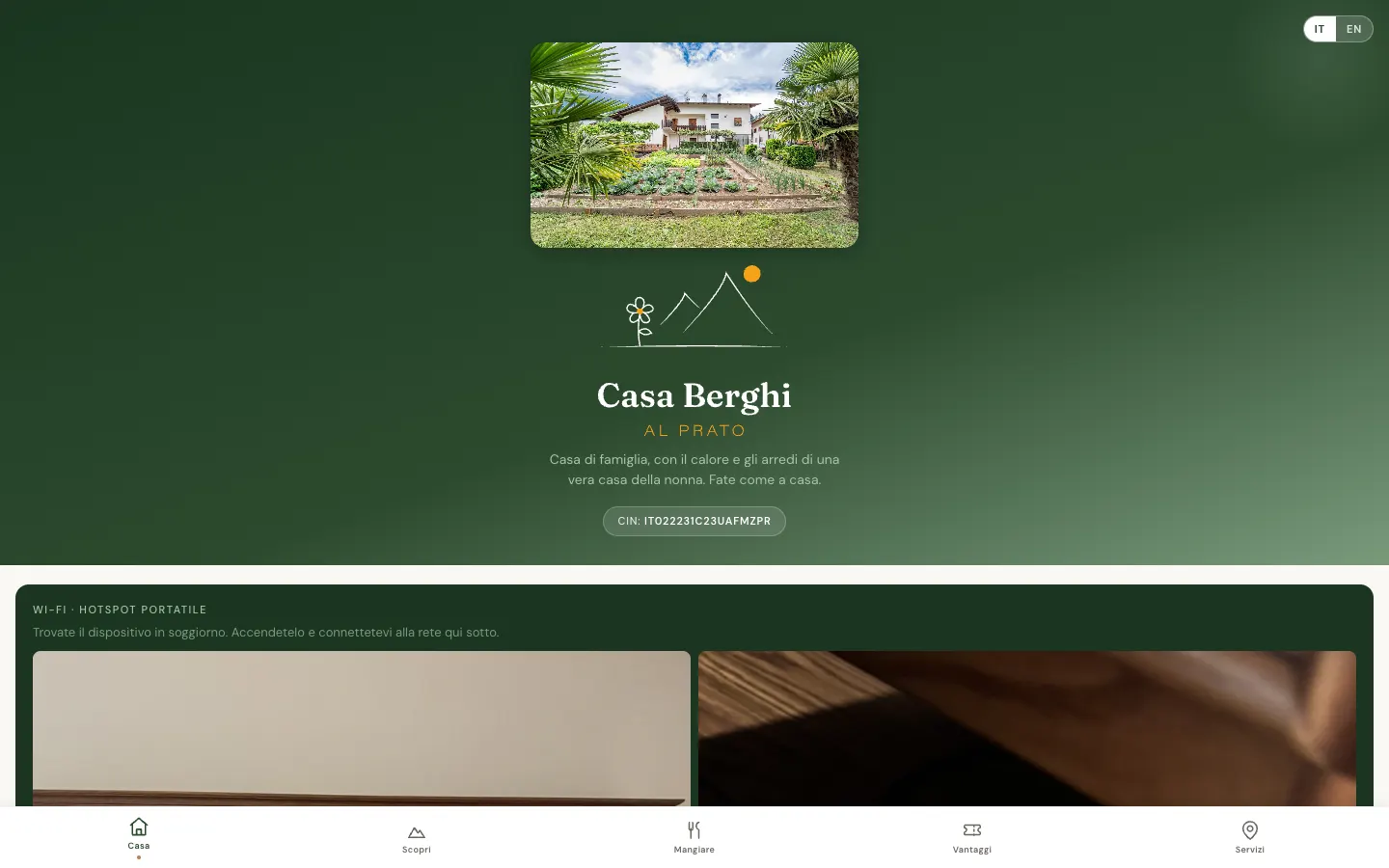 Guida digitale di Casa Berghi al Prato: foto della casa tra il verde e sezione Wi-Fi