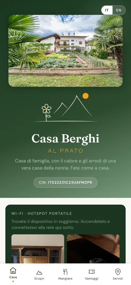 Guida ospiti di Casa Berghi al Prato da smartphone con menu a schede in basso