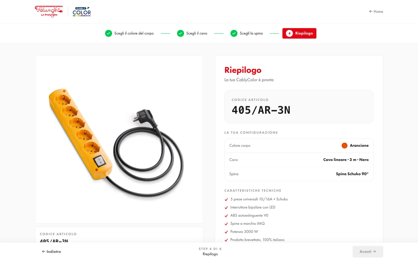 Riepilogo del configuratore CablyColor: multipresa arancione con cavo nero, codice articolo 405/AR-3N e caratteristiche tecniche