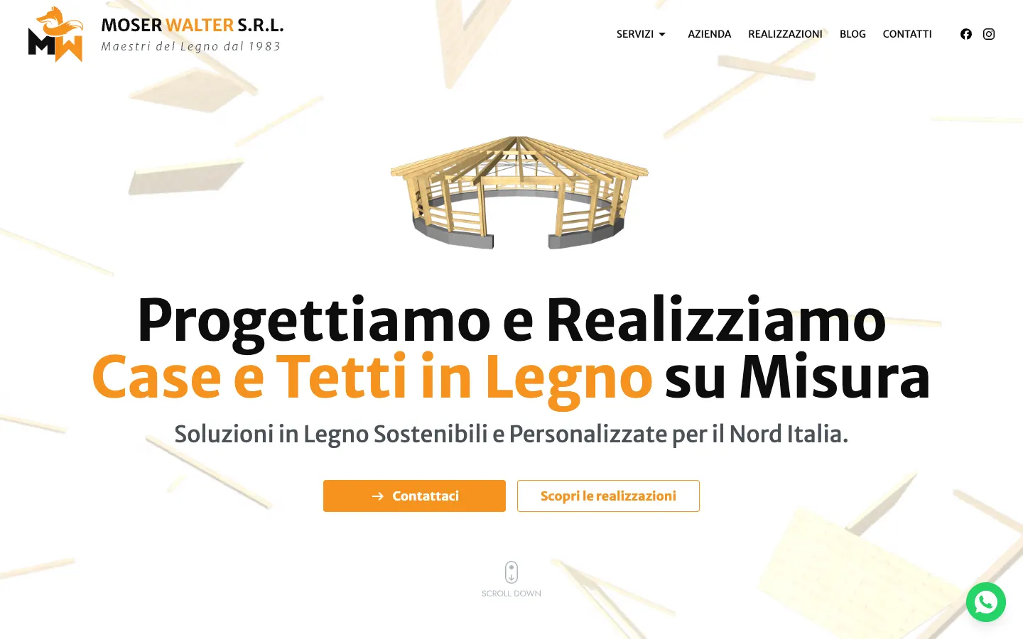 Home del sito Moser Walter: struttura in legno illustrata e titolo «Progettiamo e realizziamo case e tetti in legno su misura»