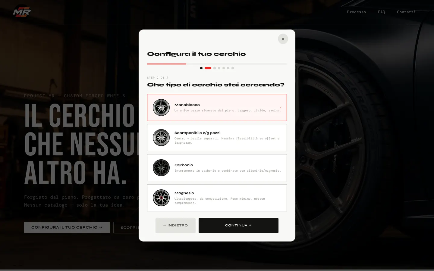 Configuratore ProjectMR, passo 2 di 7: scelta del tipo di cerchio tra monoblocco, scomponibile, carbonio e magnesio, con foto di ciascuno
