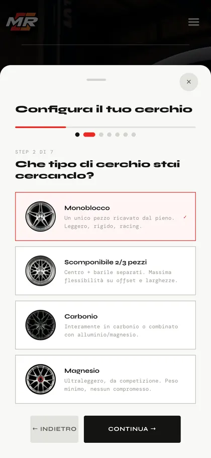 Configuratore ProjectMR da smartphone: scelta del tipo di cerchio con monoblocco selezionato