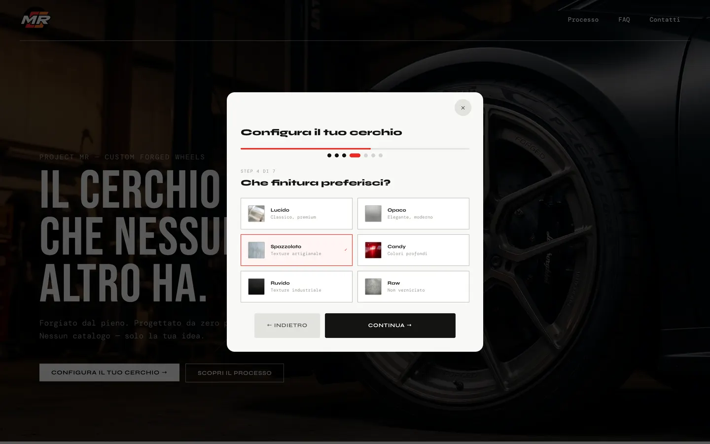 Configuratore ProjectMR, passo 4 di 7: scelta della finitura tra lucido, opaco, spazzolato, candy, ruvido e raw con campioni fotografici