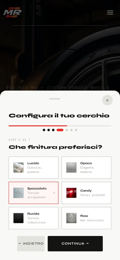 Configuratore ProjectMR da smartphone: scelta della finitura con spazzolato selezionato