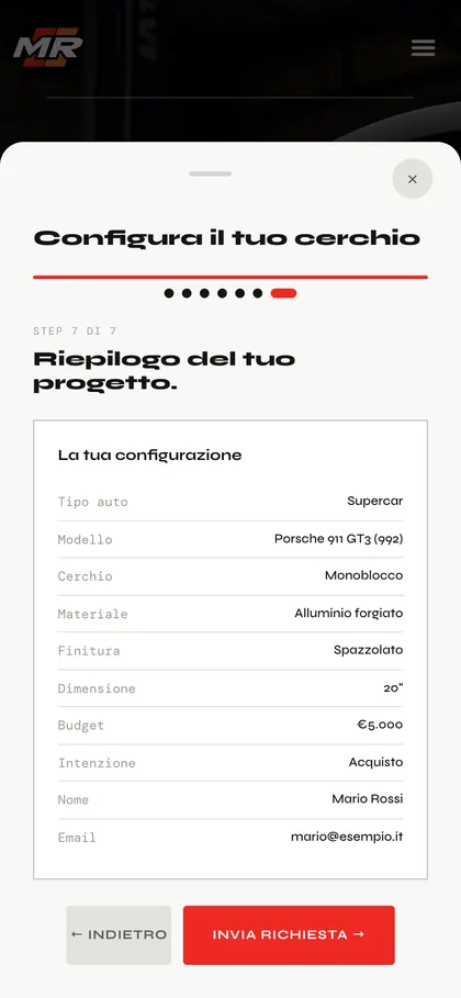 Configuratore ProjectMR da smartphone: riepilogo del progetto con il pulsante Invia richiesta