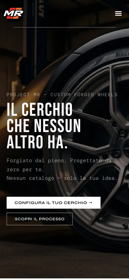 Sito ProjectMR da smartphone con il titolo «Il cerchio che nessun altro ha» e i pulsanti per configurare il cerchio e scoprire il processo