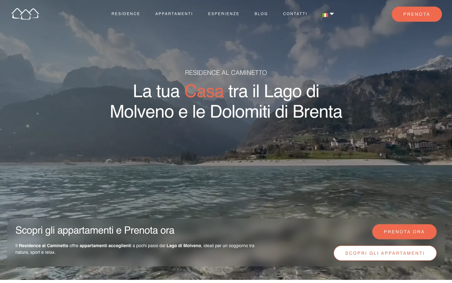 Home del sito Residence Al Caminetto con il Lago di Molveno e le Dolomiti di Brenta