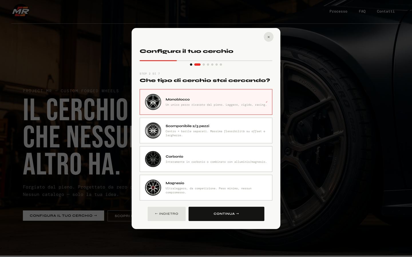 Configuratore ProjectMR: scelta del tipo di cerchio con foto